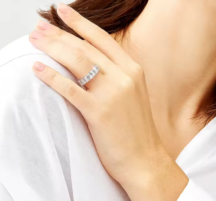 Eternity Band Cut Women's Emerald Ring S925 Sterling Silver
