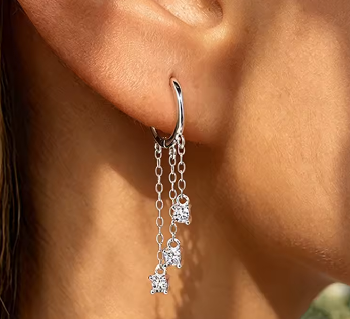 The 3 Gem Drop Cut Women's Lab Diamond Earring S925 Sterling Silver